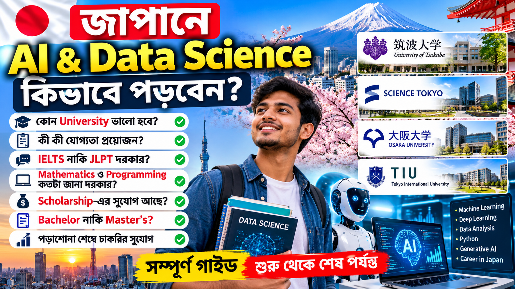 জাপানে AI & Data Science পড়াশোনা: যোগ্যতা, University, IELTS/JLPT ও Career Guide