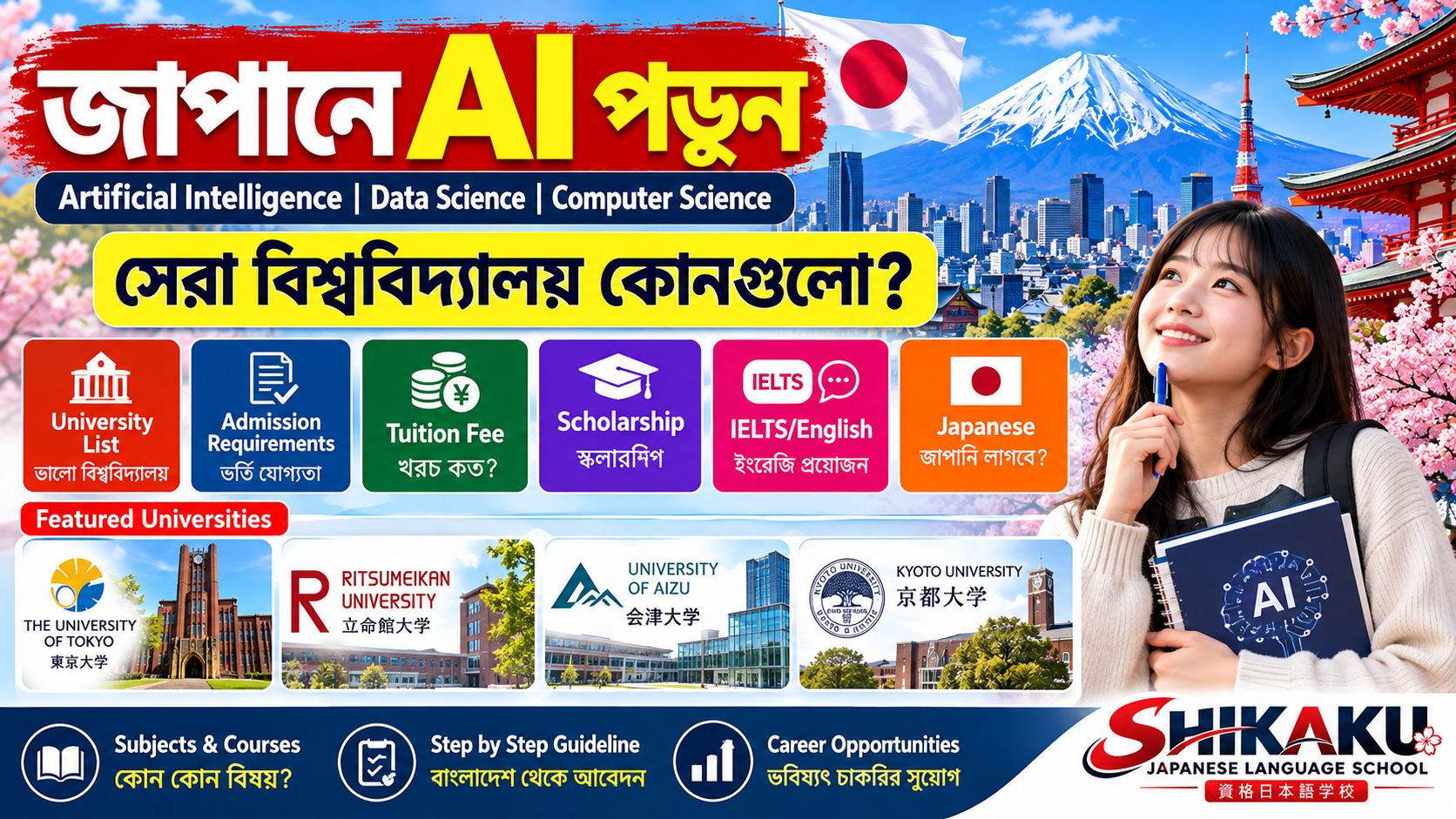 জাপানে AI পড়াশোনা ২০২৬–২০২৭ | University, Tuition, Scholarship & IELTS