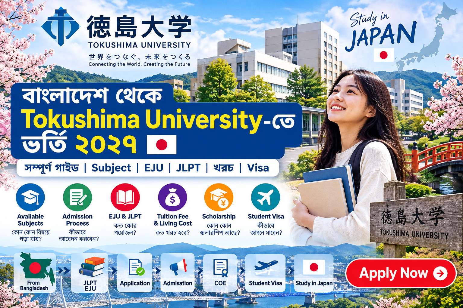 বাংলাদেশ থেকে Tokushima University-তে ভর্তি ২০২৭ 🇯🇵 | Subject, EJU, JLPT, খরচ ও Student Visa সম্পূর্ণ গাইড